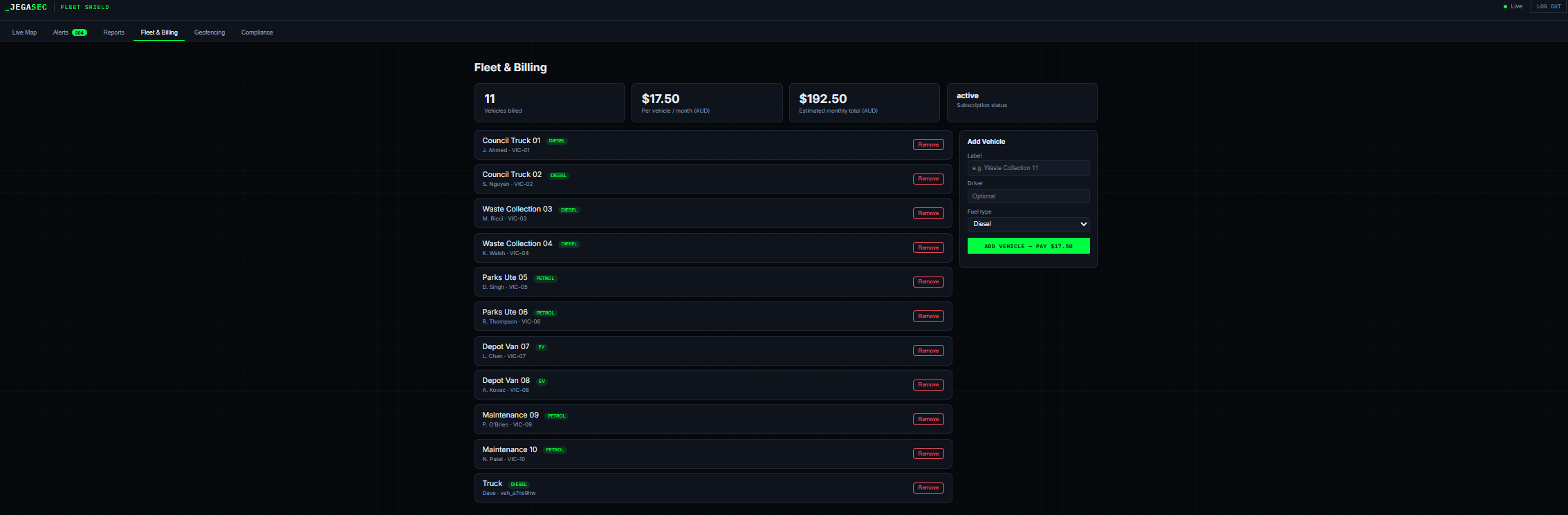 Fleet Shield's Fleet and Billing screen showing 11 billed vehicles, per-vehicle pricing, an active subscription status, and an add-vehicle form.