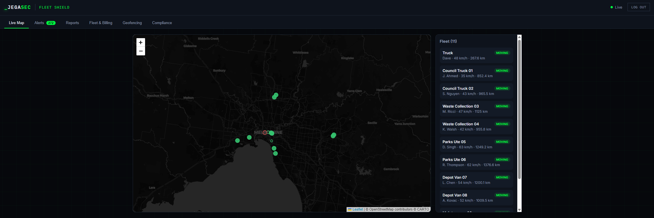 Fleet Shield live map showing an 11-vehicle council fleet tracked in real time, with the driver alert feed for harsh braking, acceleration, and speeding events.